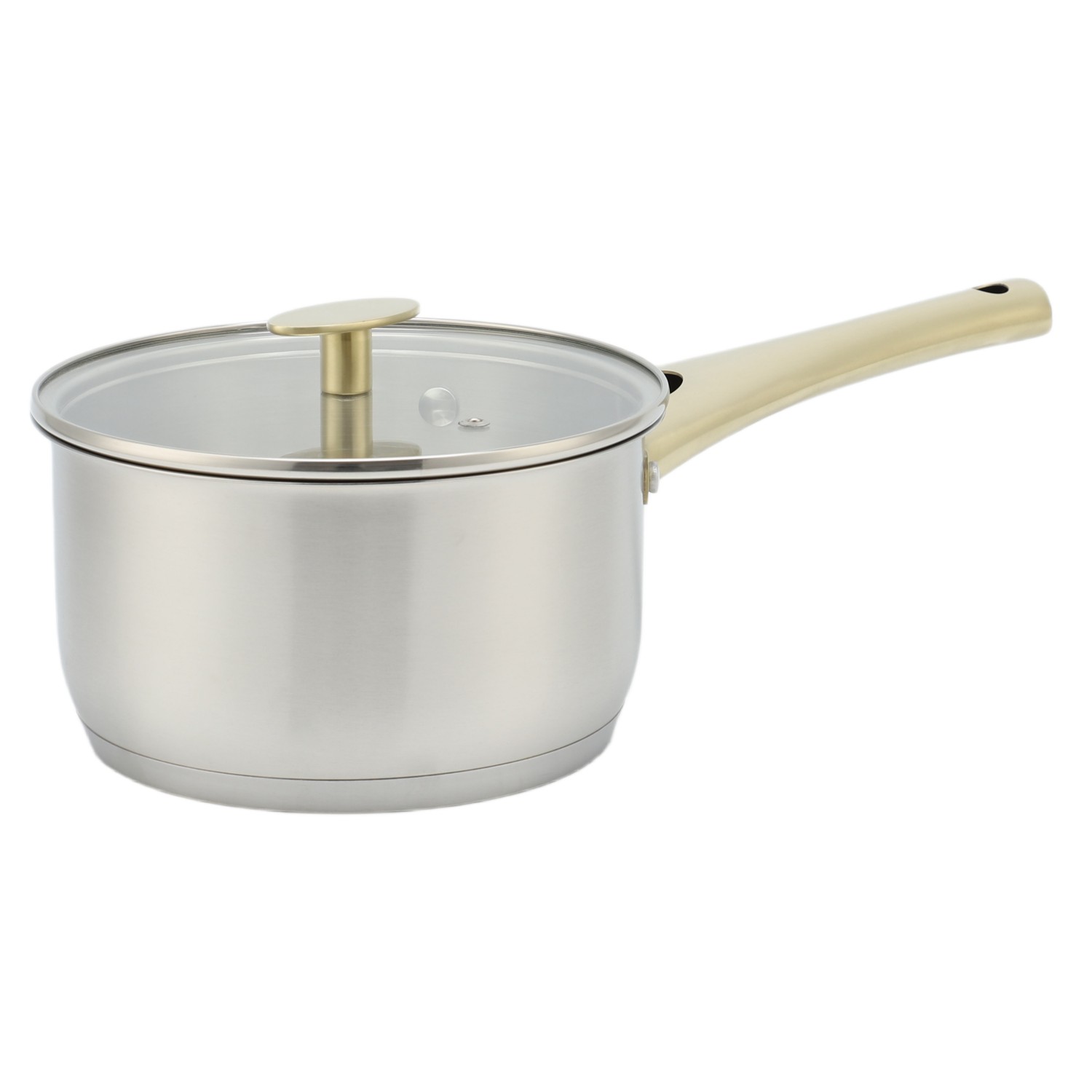 Fabrikneues Ankunfts-Edelstahl-Kochgeschirr-Set mit Kochtöpfen mit goldenem Griff und gelötetem Boden. Kochgeschirr-Set, Kochtopf, Bratpfanne