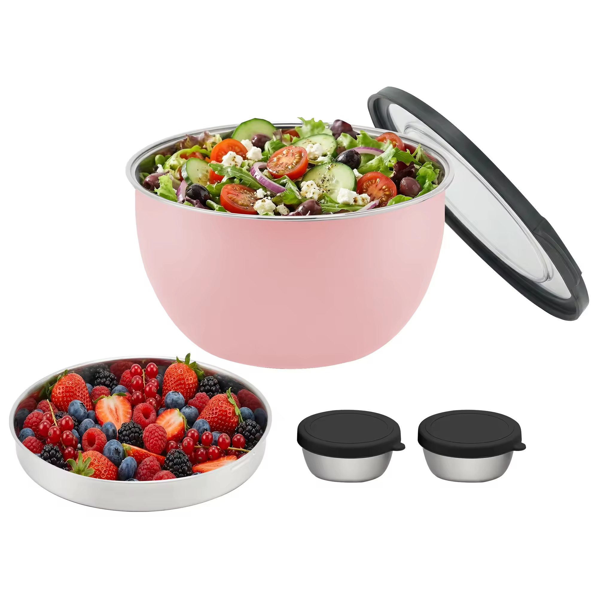 Großhandel Salat-Rührschüssel-Set aus Edelstahl mit Tablett, Saucenschüssel-Deckel, Heimküchengeschirr mit rutschfester Basis, umweltfreundlich