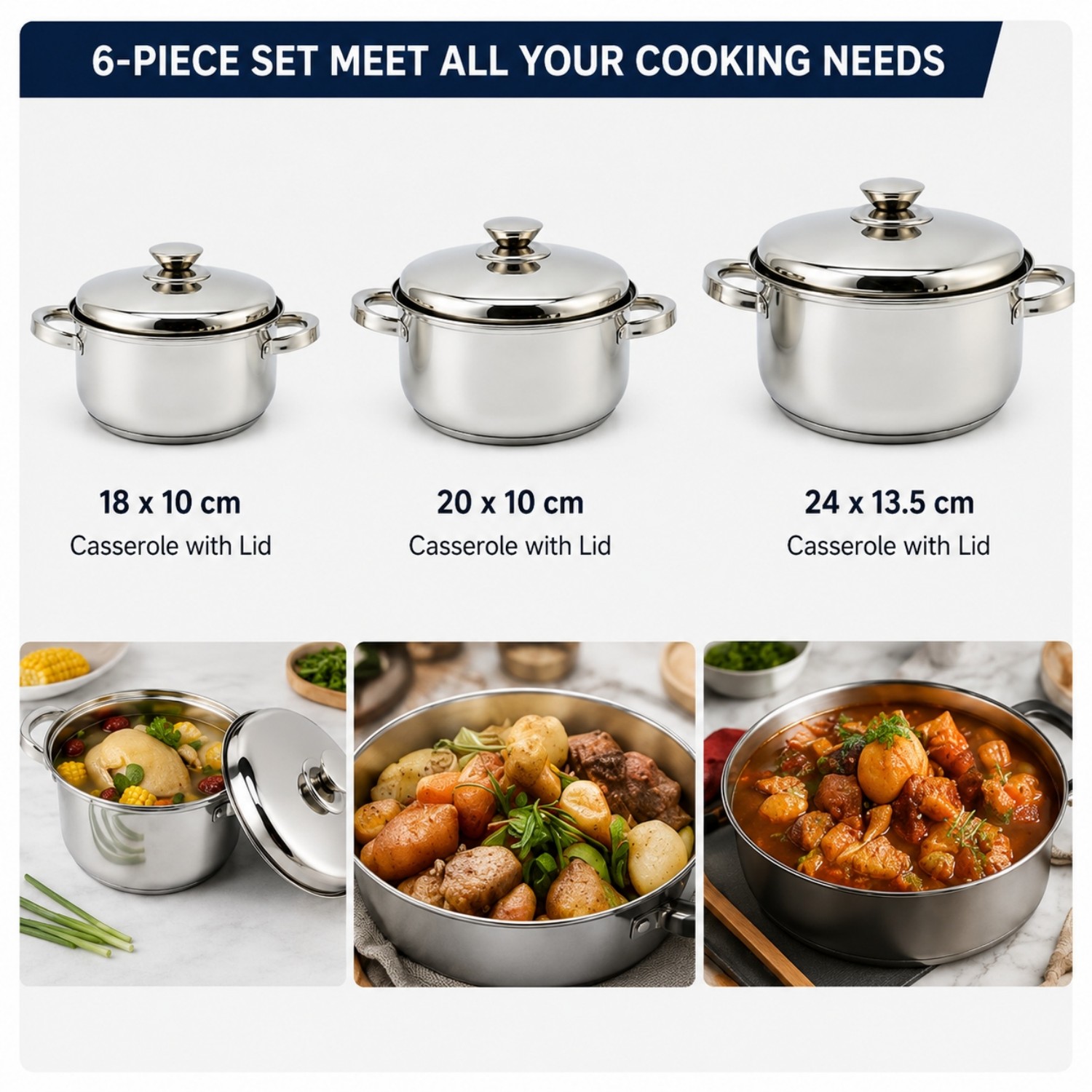 2026 Fabrik Neuankömmling Mehrzweck Großhandel Custom Kitchen Edelstahl Kochtopf Auflauf Set Topf 6 Stück Kochgeschirr-Sets