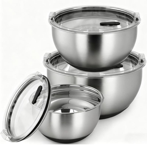  Fabrikneues Salat-Rührschüssel-Set aus Edelstahl mit Deckel, Heimküchengeschirr mit rutschfester Basis, umweltfreundliches poliertes Metall