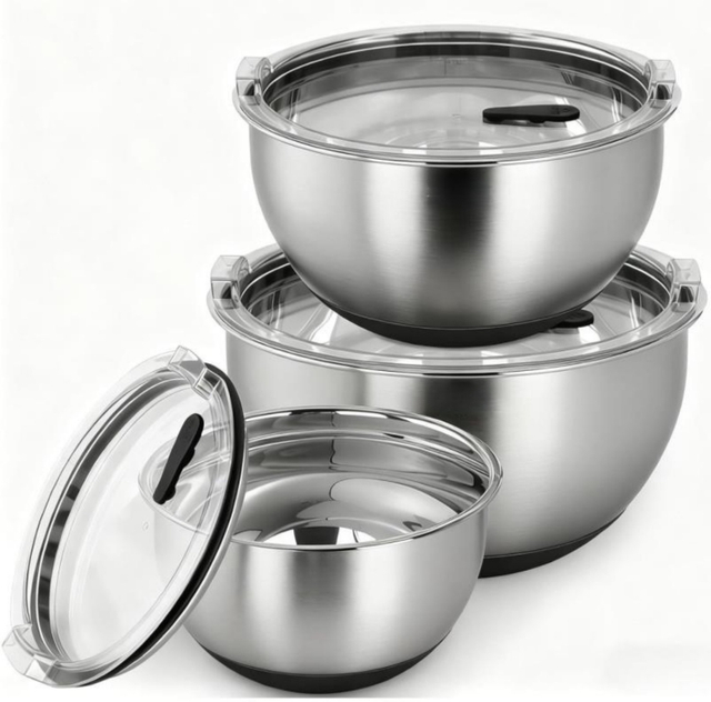  Fabrikneues Salat-Rührschüssel-Set aus Edelstahl mit Deckel, Heimküchengeschirr mit rutschfester Basis, umweltfreundliches poliertes Metall