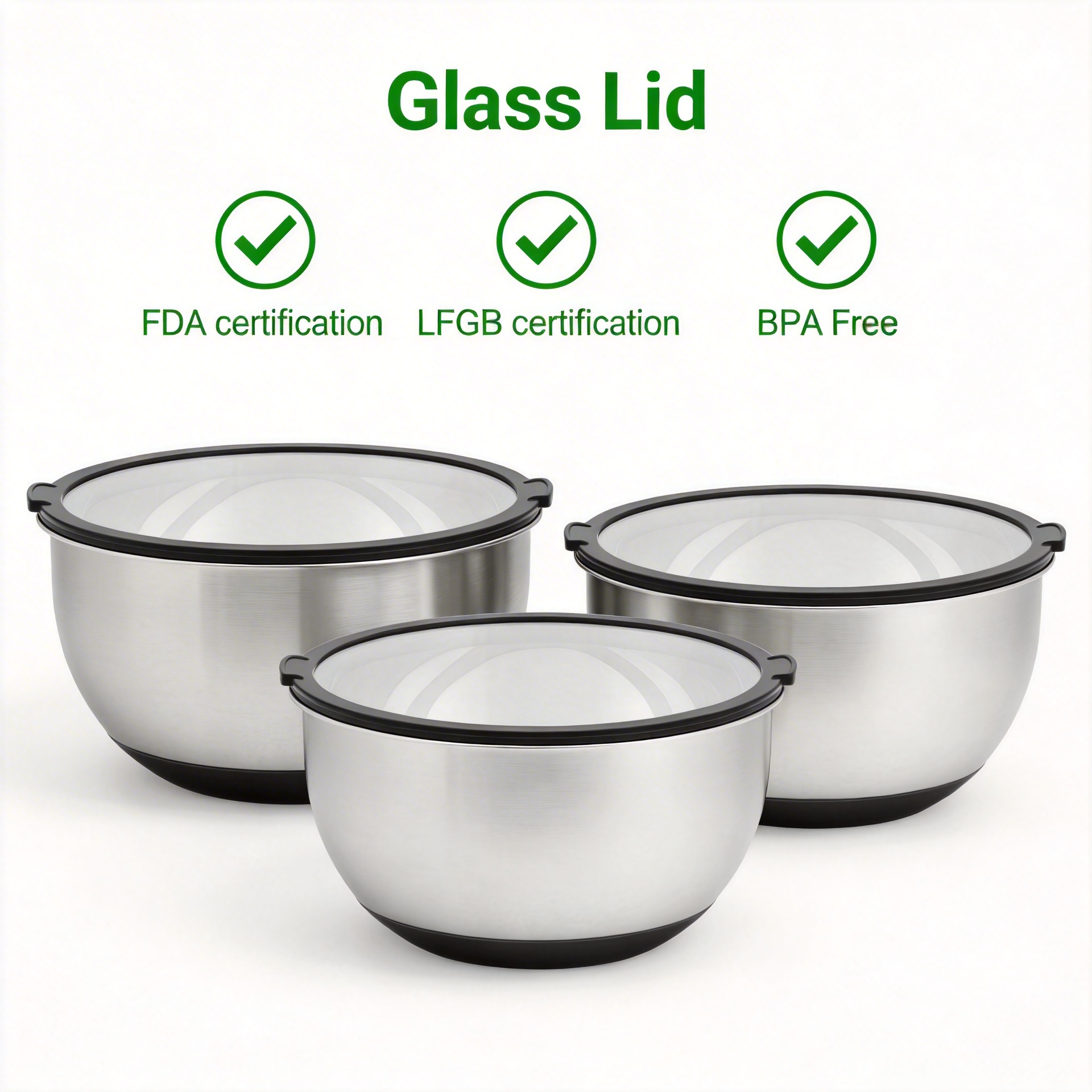 Maßgeschneidertes Rührschüssel-Set 3QT 5QT Edelstahl-Rührschüssel mit Glasdeckel
