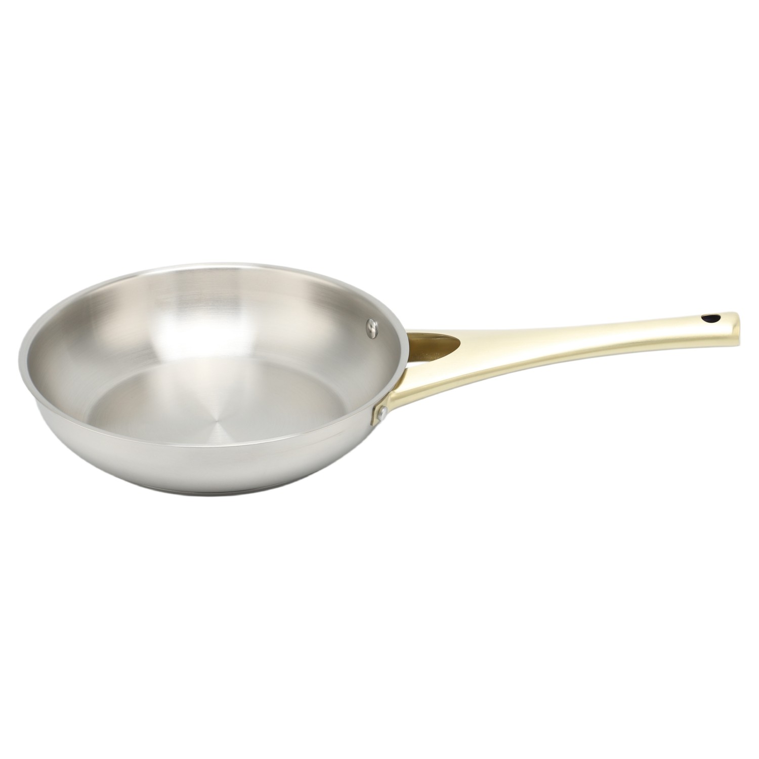 Fabrikneues Ankunfts-Edelstahl-Kochgeschirr-Set mit Kochtöpfen mit goldenem Griff und gelötetem Boden. Kochgeschirr-Set, Kochtopf, Bratpfanne