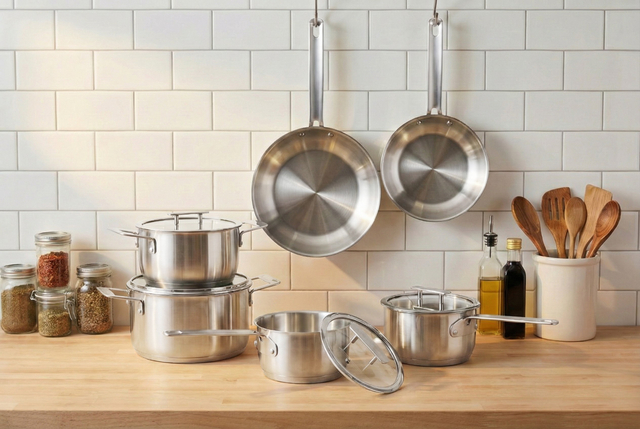 Factory Supply Edelstahltöpfe und -pfannen, 11-teiliges Kochgeschirrset mit Edelstahlgriff und Deckel, gelöteter Boden, Kochgeschirrset, Kochtopf, Auflauf