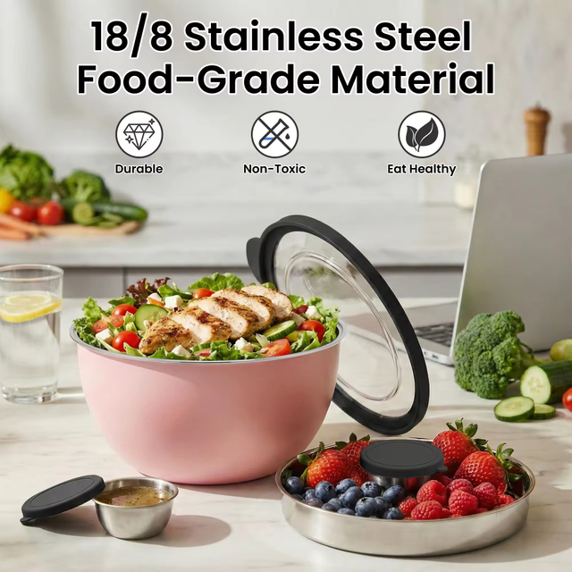 Großhandel Salat-Rührschüssel-Set aus Edelstahl mit Tablett, Saucenschüssel-Deckel, Heimküchengeschirr mit rutschfester Basis, umweltfreundlich