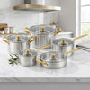 Fabrikneues Edelstahl-Kochgeschirr-Set mit goldenem Griff, Kochtöpfe, gelöteter Boden, Kochgeschirr-Set, Kochtopf, Bratpfanne