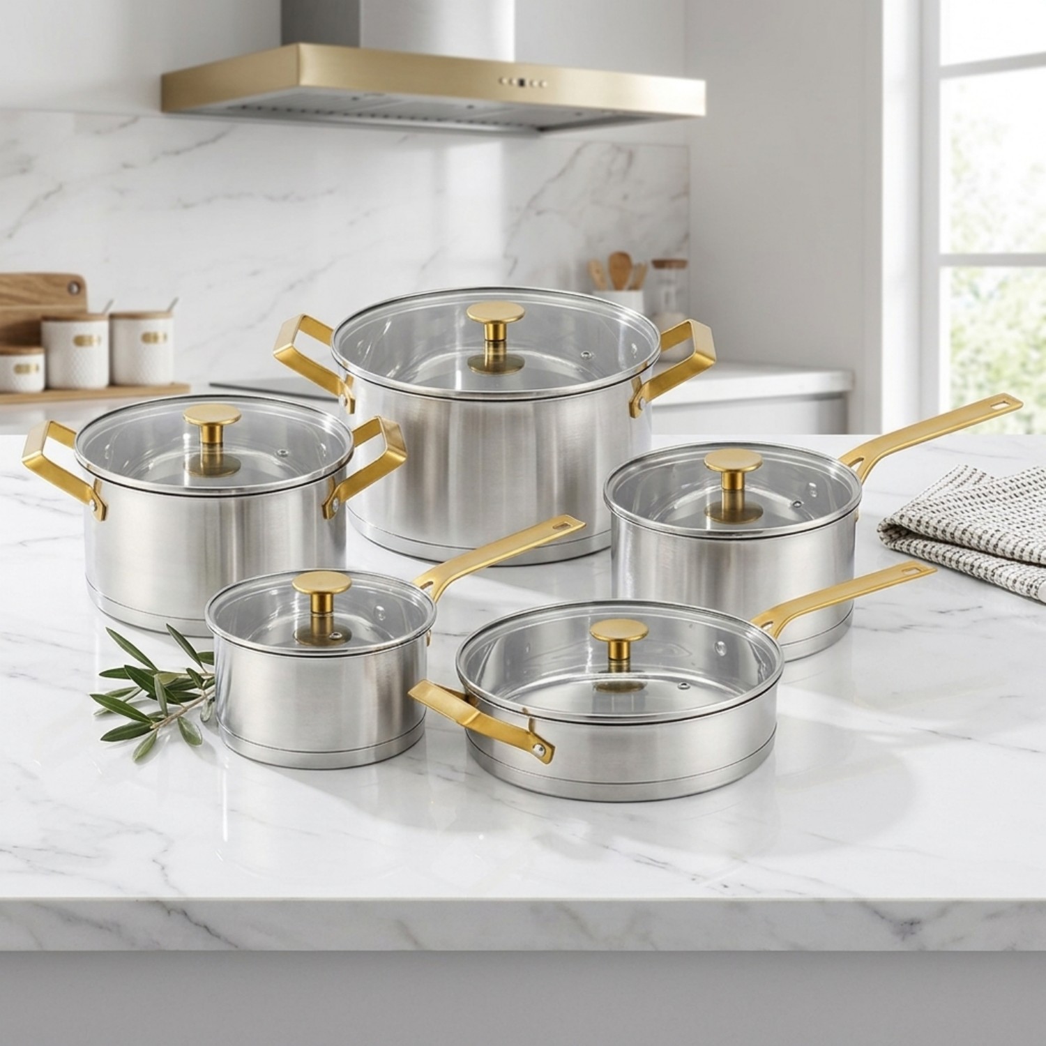 Fabrikneues Edelstahl-Kochgeschirr-Set mit goldenem Griff, Kochtöpfe, gelöteter Boden, Kochgeschirr-Set, Kochtopf, Bratpfanne