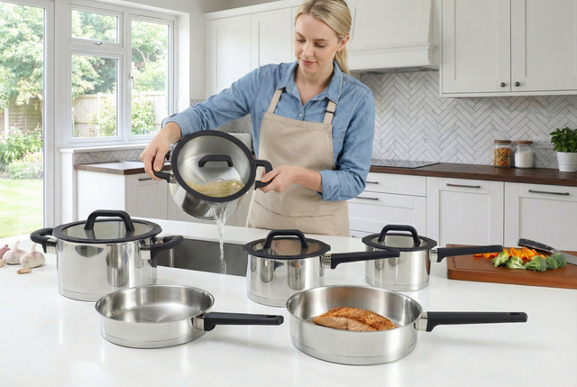 Factory Supply Edelstahl-Töpfe und Pfannen, 10-teiliges Kochgeschirr-Set mit Kunststoffgriff und Deckel, Kochgeschirr-Set mit gelötetem Boden, Kochtopf, Schmorpfanne