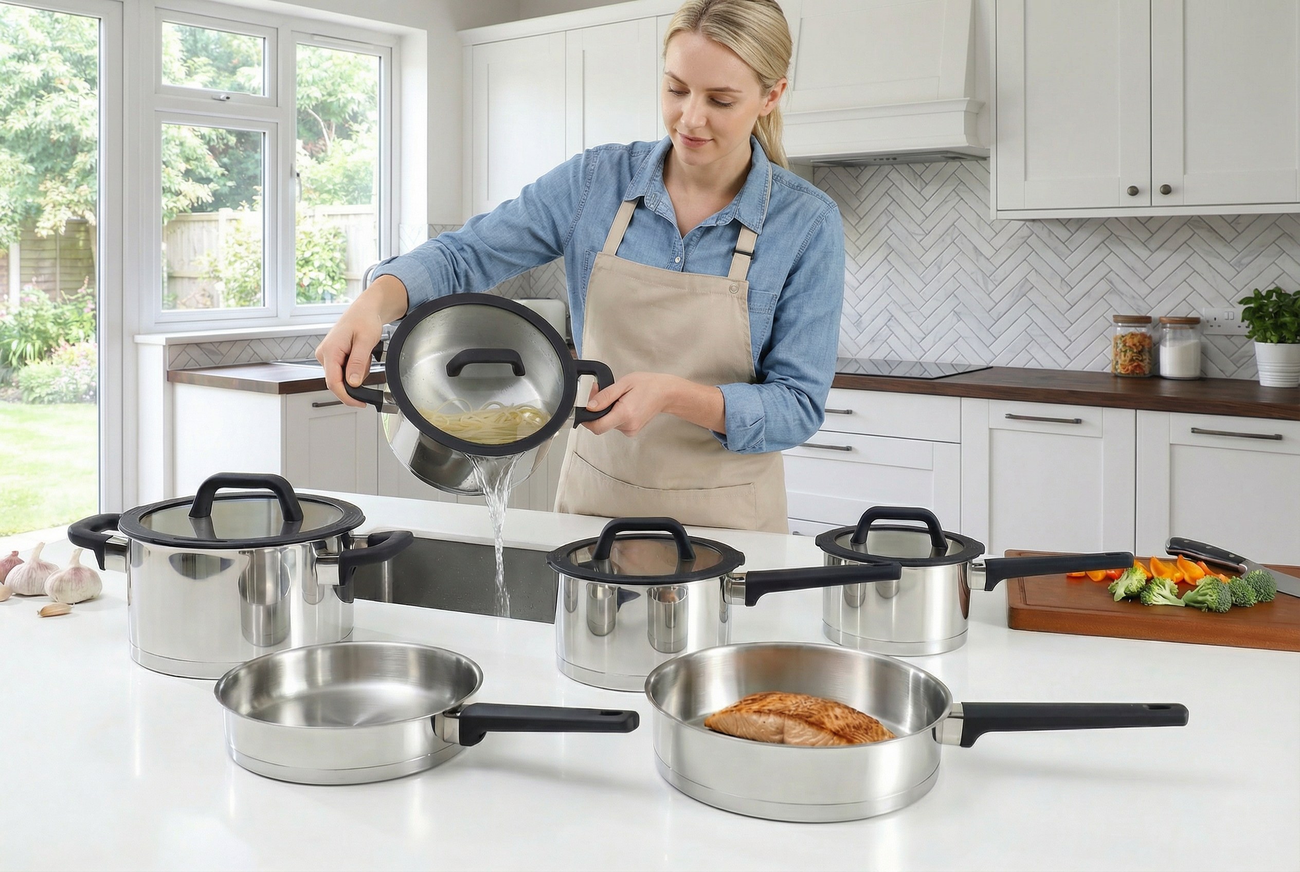 Fabrikneues Edelstahl-Kochgeschirr-Set mit Kunststoffgriff, Kochtöpfe, gelöteter Boden, Kochgeschirr-Set, Kochtopf, Bratpfanne