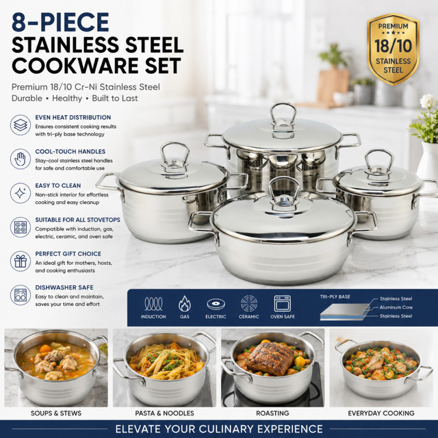 Fabrikneues Ankunfts-Edelstahl-Kochgeschirr-Set mit Griff, Kochtöpfe, gelöteter Boden, Kochgeschirr-Set, Auflauf-Set, Suppen- und Suppentöpfe mit Deckel