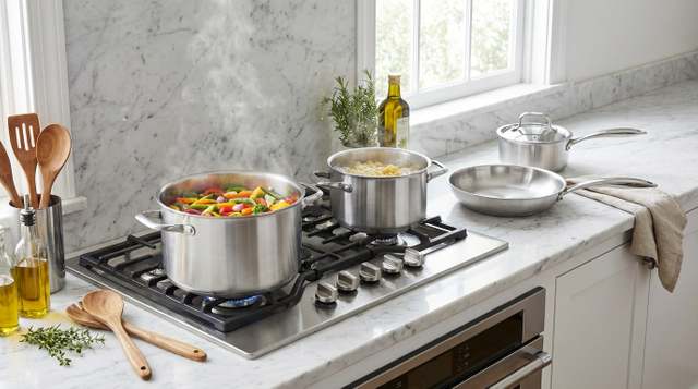 Werkseitig gelieferte Töpfe und Pfannen aus Edelstahl, 8-teiliges Kochgeschirr-Set mit Griff und Deckel, Bratpfanne mit schlagfestem Boden