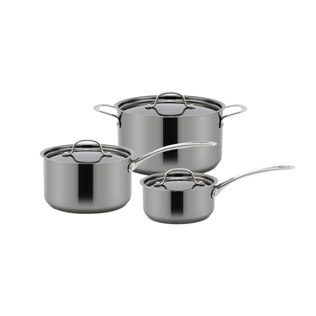 Großhandel mit kundenspezifischen Küchenutensilien, Kochtopf-Set mit schlagfestem Boden aus Edelstahl, Töpfe und Pfannen-Set mit Stahlgriff, 6-teiliges Kochgeschirr-Set