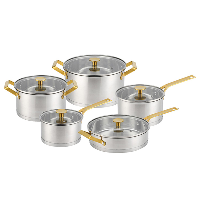 Fabrikneues Edelstahl-Kochgeschirr-Set mit goldenem Griff, Kochtöpfe, gelöteter Boden, Kochgeschirr-Set, Kochtopf, Bratpfanne