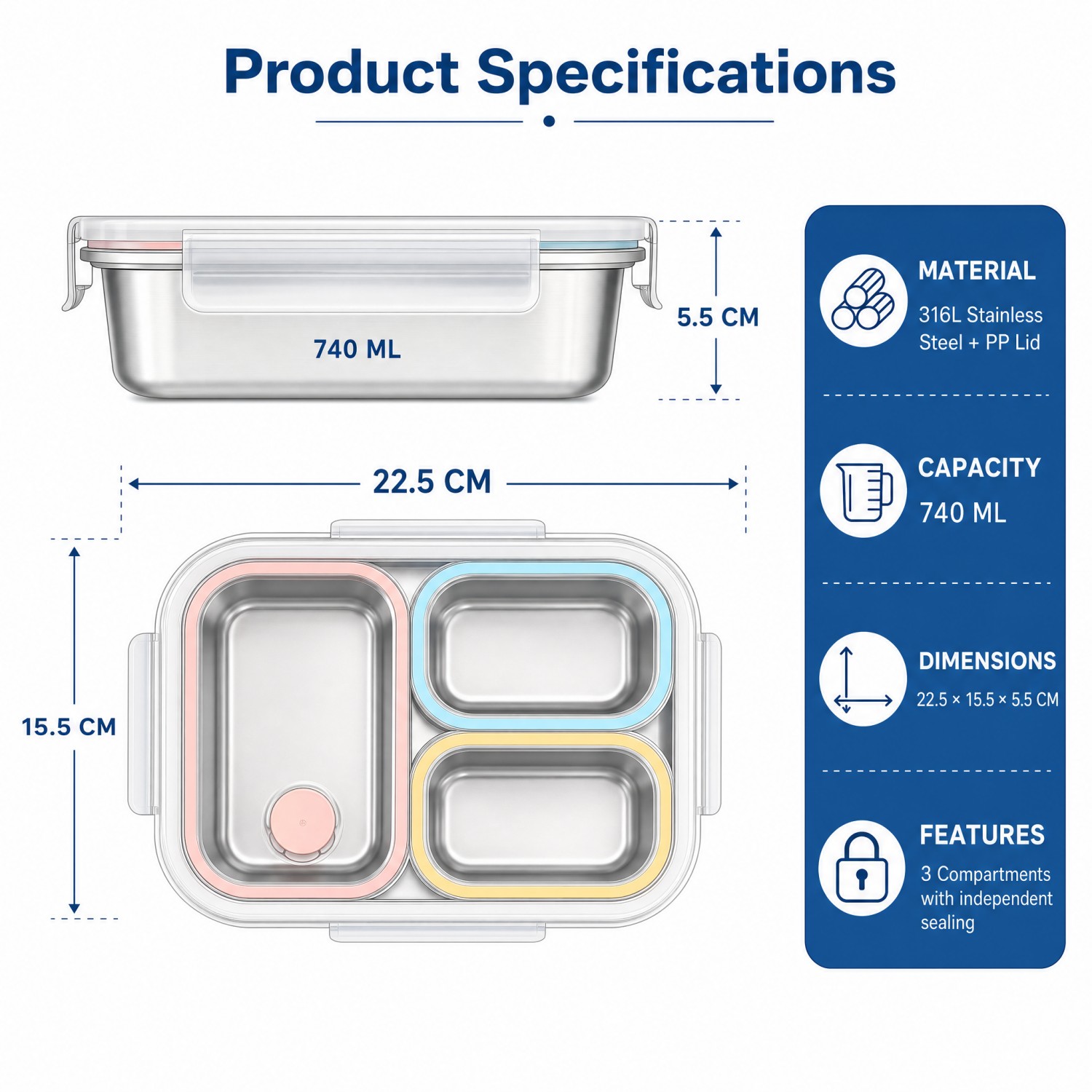 Neue Design Factory 304 Edelstahl Frischhalte-Lunchbox Küche Obst Kinder Lebensmittelbehälter Crisper Set mit Deckelgriff 
