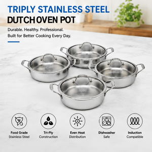 Fabrikneues dreilagiges Dutch Oven-Kochtopfset aus Edelstahl, umweltfreundlich, ofenfest, Deckel aus gehärtetem Glas, spülmaschinenfest