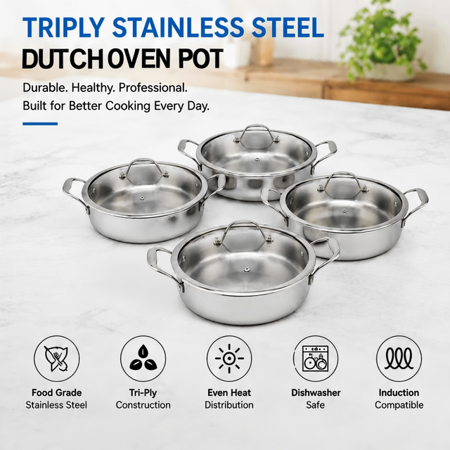 Fabrikneues dreilagiges Dutch Oven-Kochtopfset aus Edelstahl, umweltfreundlich, ofenfest, Deckel aus gehärtetem Glas, spülmaschinenfest
