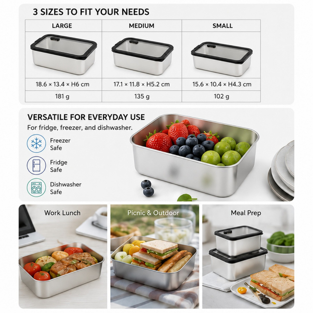 Neues Design 304 Edelstahl Frischhalte-Lunchbox Glasabdeckung Auslaufsichere Heizung Lebensmittelqualität Mikrowellenversiegelte Box