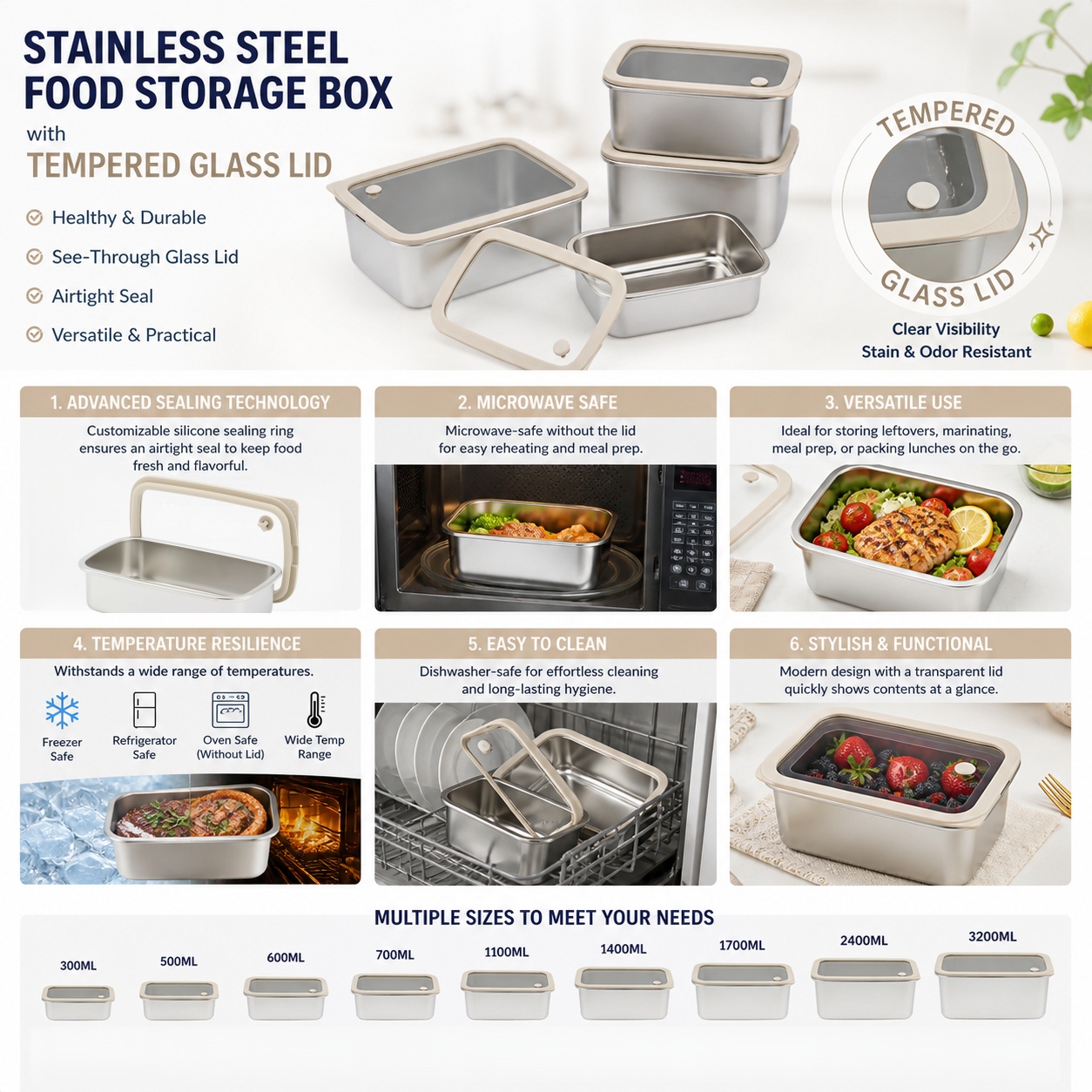 Neue Design Factory 304 Edelstahl Frischhalte-Lunchbox mit Glasdeckel, auslaufsichere Heizung, mikrowellenversiegelte Box in Lebensmittelqualität