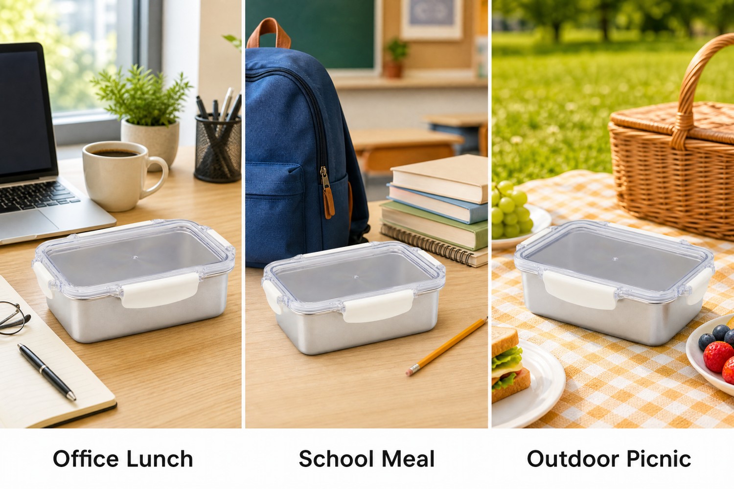 2026 New Design Factory 304 Edelstahl Frischhalte-Lunchbox Küche Obst Kinder Lebensmittelbehälter Crisper Set mit Deckelgriff