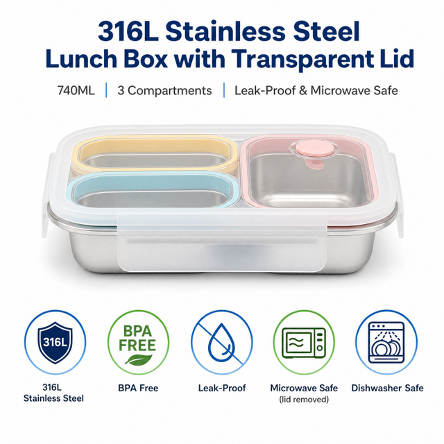 Neue Design Factory 304 Edelstahl Frischhalte-Lunchbox Küche Obst Kinder Lebensmittelbehälter Crisper Set mit Deckelgriff 