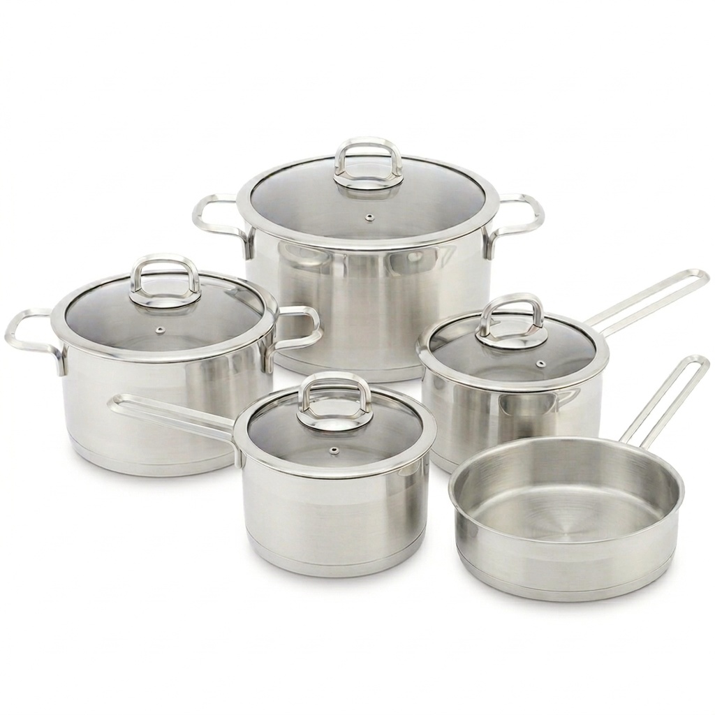 Fabrikversorgung: Töpfe und Pfannen aus Edelstahl, 10-teiliges Kochgeschirr-Set mit Kunststoffgriff und Deckel, Kochgeschirr-Set mit gelötetem Boden, Sauteuse, Auflauf