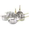 Fabrikneues Ankunfts-Edelstahl-Kochgeschirr-Set mit Kochtöpfen mit goldenem Griff und gelötetem Boden. Kochgeschirr-Set, Kochtopf, Bratpfanne