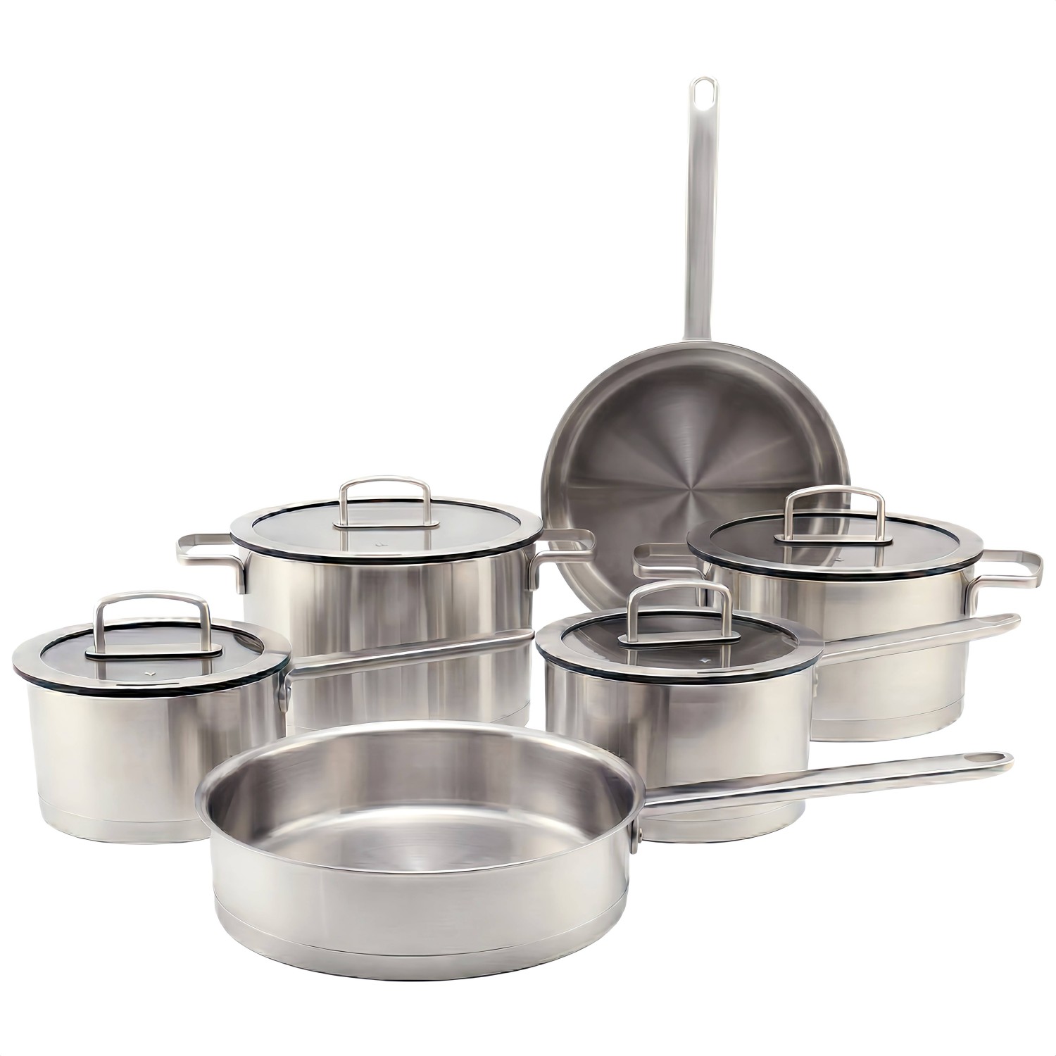 Factory Supply Edelstahltöpfe und -pfannen, 10-teiliges Kochgeschirrset mit Edelstahlgriff und Deckel, gelöteter Boden, Kochgeschirrset, Kochtopf, Schmorpfanne