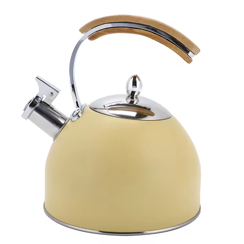 Benutzerdefinierte 2,5 l 3,0 l polierter neuer Edelstahl-Pfeif-Teekessel mit Holzgriff, moderne, lebensmittelechte Teekanne mit Herdplatte, Top-Seller