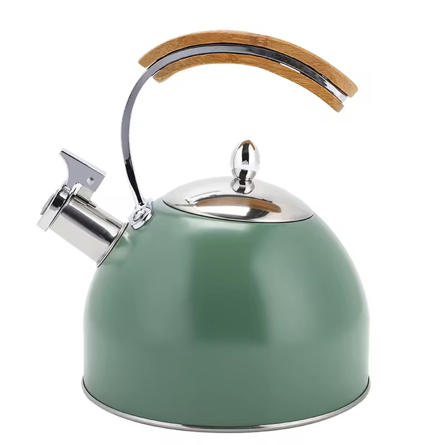 Benutzerdefinierte 2,5 l 3,0 l polierter neuer Edelstahl-Pfeif-Teekessel mit Holzgriff, moderne, lebensmittelechte Teekanne mit Herdplatte, Top-Seller
