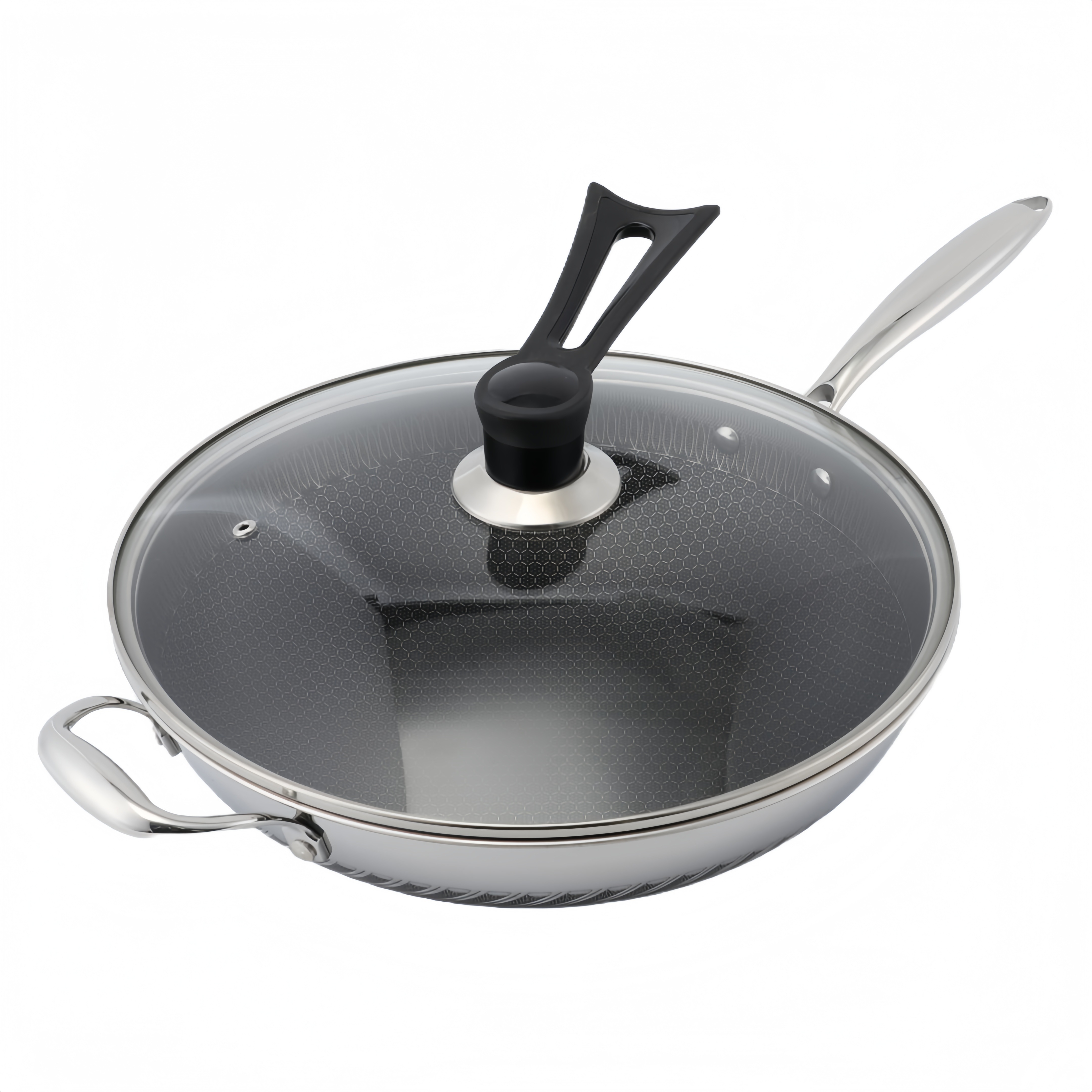 Hybrider TriPly-Edelstahl-Antihaft-Wok mit Griff, ohne Beschichtung, antihaftbeschichtetes Kochgeschirr, unterstützt ODM/OEM, ungiftig, ohne PFAS. PFAS