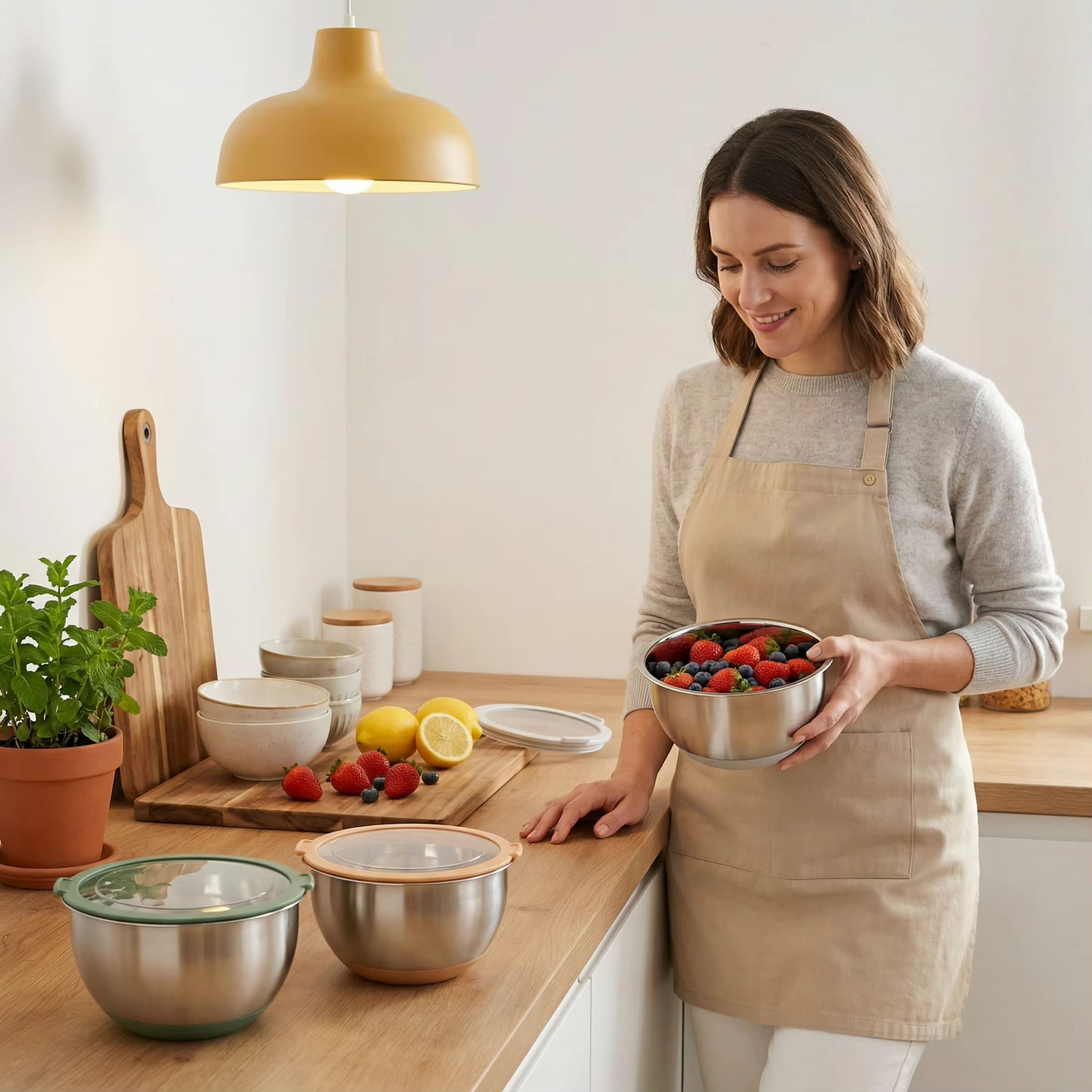 Edelstahl-Rührschüssel-Set mit transparenten Deckeln, Heiß-Kalt-Servier-Salatschüssel, Creme-Mischung, Restaurant-Sets zu niedrigen Preisen
