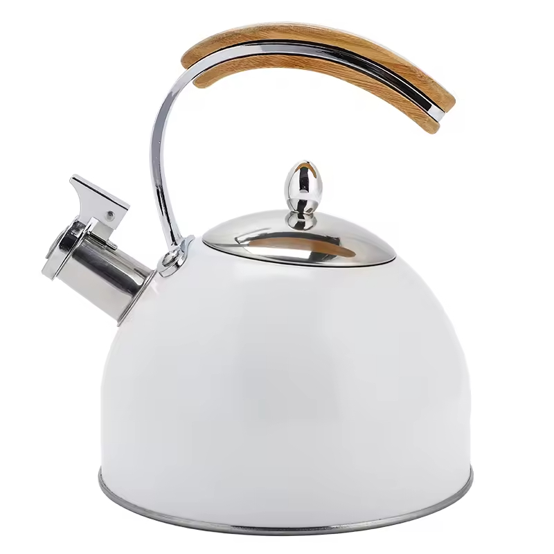 Benutzerdefinierte 2,5 l 3,0 l polierter neuer Edelstahl-Pfeif-Teekessel mit Holzgriff, moderne, lebensmittelechte Teekanne mit Herdplatte, Top-Seller