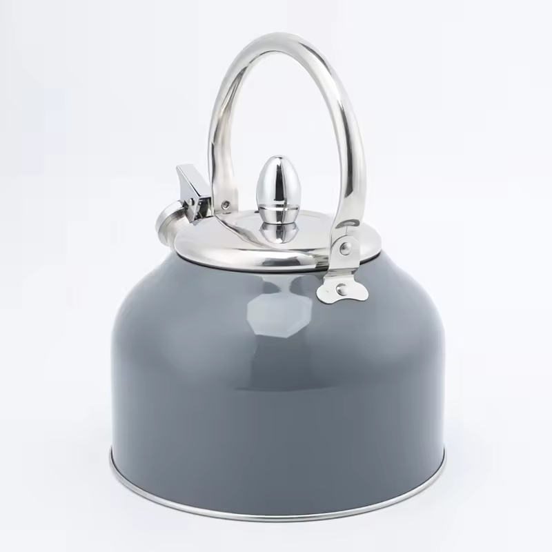 Moderner 2,5-Liter-Teekessel aus Edelstahl, grau lackierte Herdplatte, pfeifende Teekanne mit Edelstahlgriff, Metallmaterial