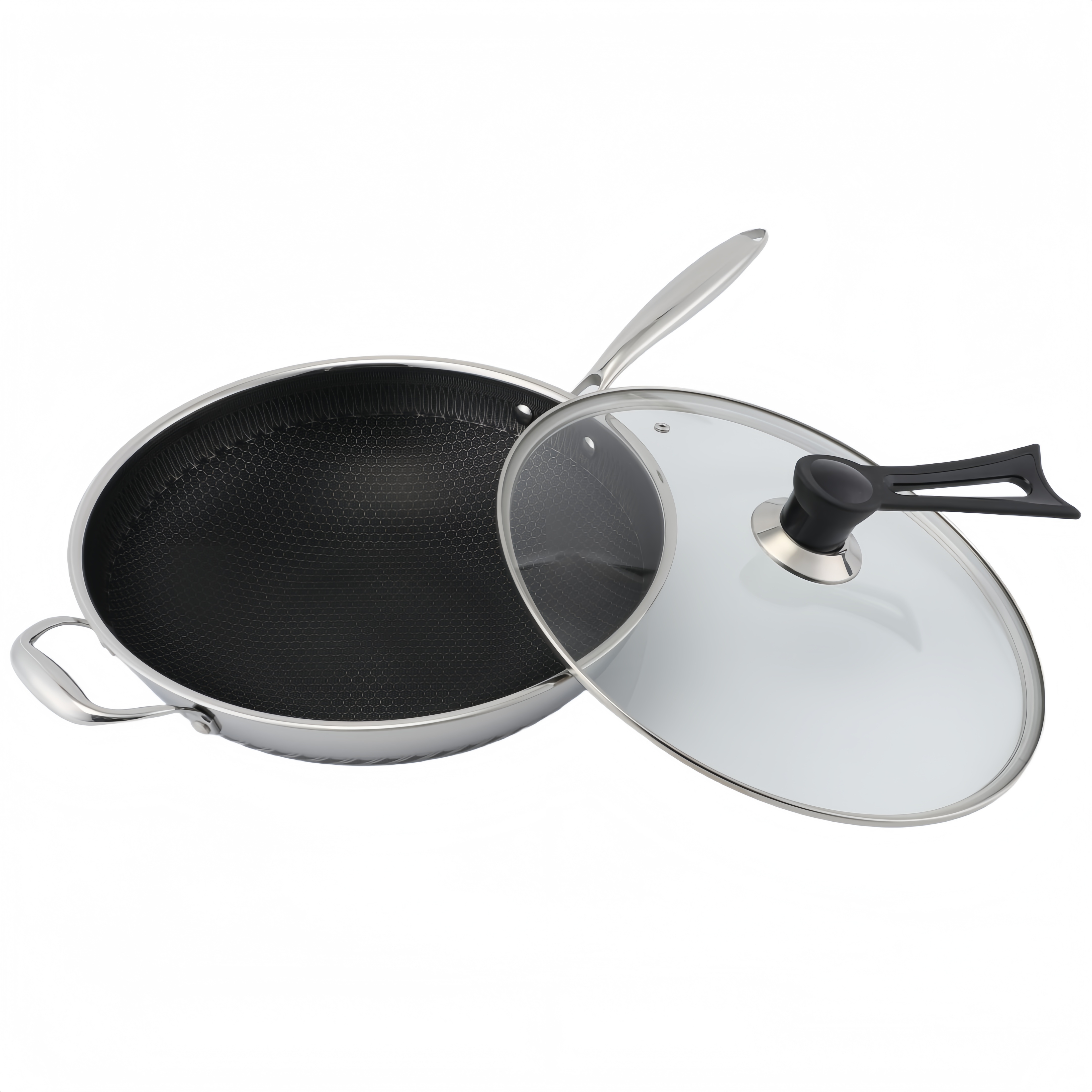 Hybrider TriPly-Edelstahl-Antihaft-Wok mit Griff, ohne Beschichtung, antihaftbeschichtetes Kochgeschirr, unterstützt ODM/OEM, ungiftig, ohne PFAS. PFAS