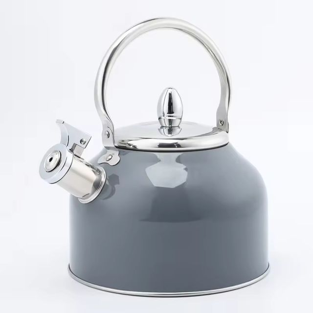 Moderner 2,5-Liter-Teekessel aus Edelstahl, grau lackierte Herdplatte, pfeifende Teekanne mit Edelstahlgriff, Metallmaterial