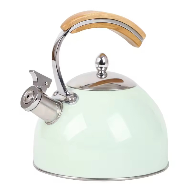 Benutzerdefinierte 2,5 l 3,0 l polierter neuer Edelstahl-Pfeif-Teekessel mit Holzgriff, moderne, lebensmittelechte Teekanne mit Herdplatte, Top-Seller