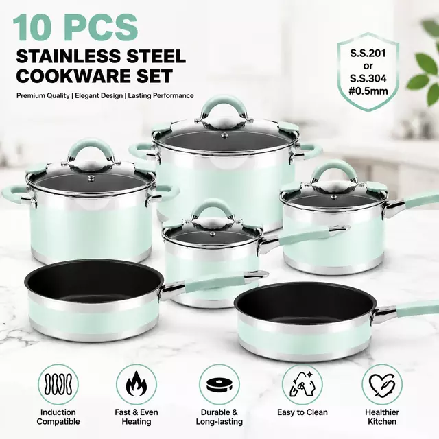 Fabrikneues Edelstahl-Kochgeschirr-Set mit Edelstahl- und Silikongriff, Kochtöpfe und Pfannen, gelöteter Boden, Kochgeschirr-Set, Kochtopf, Auflauf
