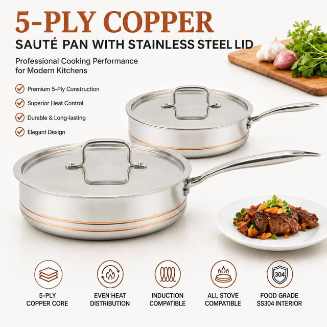 Fabrikversorgung Großhandel 5-lagige Kupfer-Bratpfanne Küche Kochen 5-lagige Kupfer-Bratpfanne mit Edelstahldeckel Feinlinien-Design