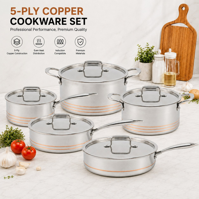 Fabrikneue Ankunft 10 Stück 5-lagiges Kupfer-Kochgeschirr-Set, 5-lagiger Küchenkochtopf mit Edelstahldeckel, feines Liniendesign