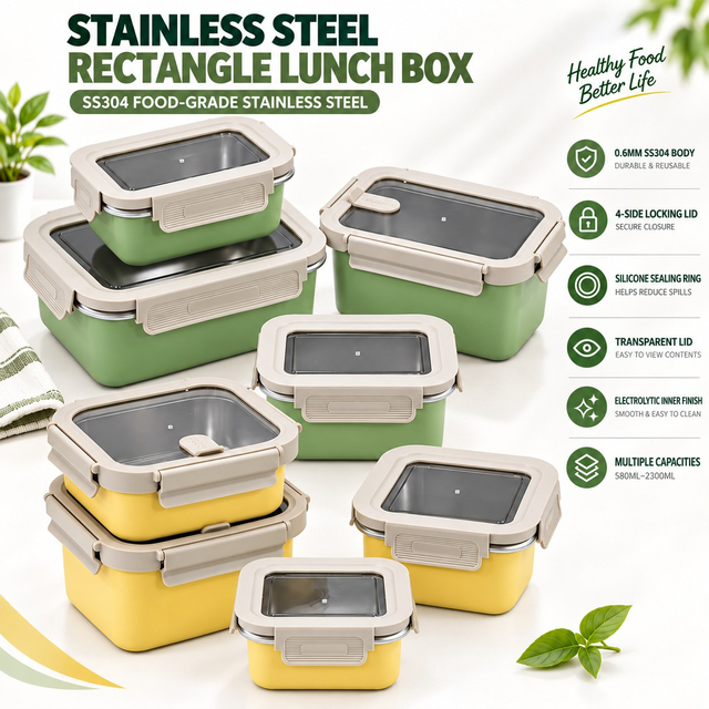 New Design Factory Frischhalte-Lunchbox aus Edelstahl 304, transparenter Deckel, auslaufsichere mikrowellenversiegelte Box in Lebensmittelqualität