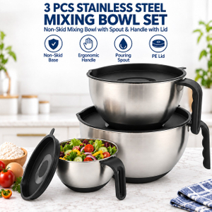 Factory Supply Edelstahl-Rührschüsseln, rutschfestes, ineinander steckbares Rührschüssel-Set mit PE-Deckeln für die Küche zum Kochen von Salaten und Backen