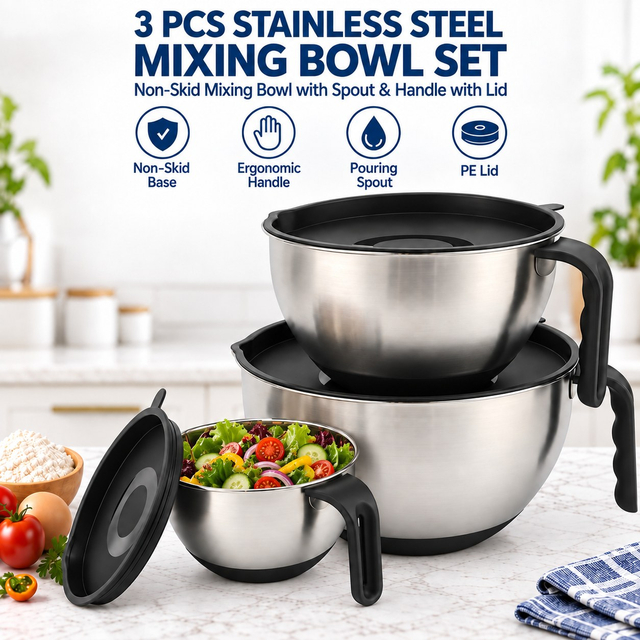 Factory Supply Edelstahl-Rührschüsseln, rutschfestes, ineinander steckbares Rührschüssel-Set mit PE-Deckeln für die Küche zum Kochen von Salaten und Backen