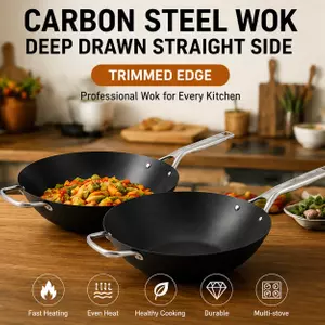 Fabrikneues Ankunftsdesign, gewürzter Kohlenstoffstahl, 30/35 cm, Wok-Pfanne, natürlich ohne Beschichtung, Wok-Pfannen, Bratpfannen, Induktionskompatibel