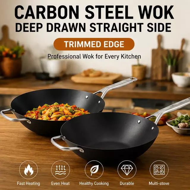Fabrikneues Ankunftsdesign, gewürzter Kohlenstoffstahl, 30/35 cm, Wok-Pfanne, natürlich ohne Beschichtung, Wok-Pfannen, Bratpfannen, Induktionskompatibel