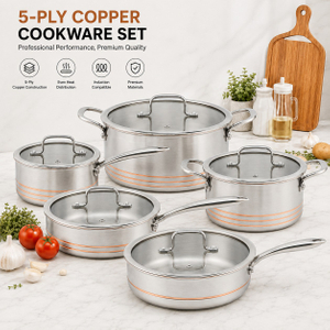 Fabrikneue Ankunft 10 Stück 5-lagiges Kupfer-Kochgeschirr-Set, 5-lagiger Küchenkochtopf mit Glasdeckel, feines Liniendesign