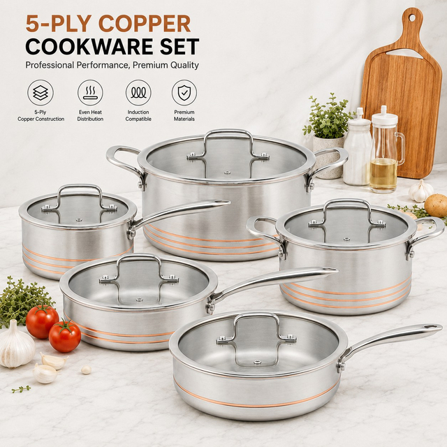 Fabrikneue Ankunft 10 Stück 5-lagiges Kupfer-Kochgeschirr-Set, 5-lagiger Küchenkochtopf mit Glasdeckel, feines Liniendesign