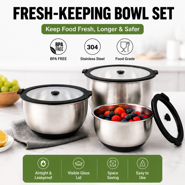 Ab Werk erhältliches, rutschfestes Salat-Rührschüssel-Set aus Edelstahl mit Glasdeckeln, Haushaltsgeschirr zum Kochen und Backen von Salaten