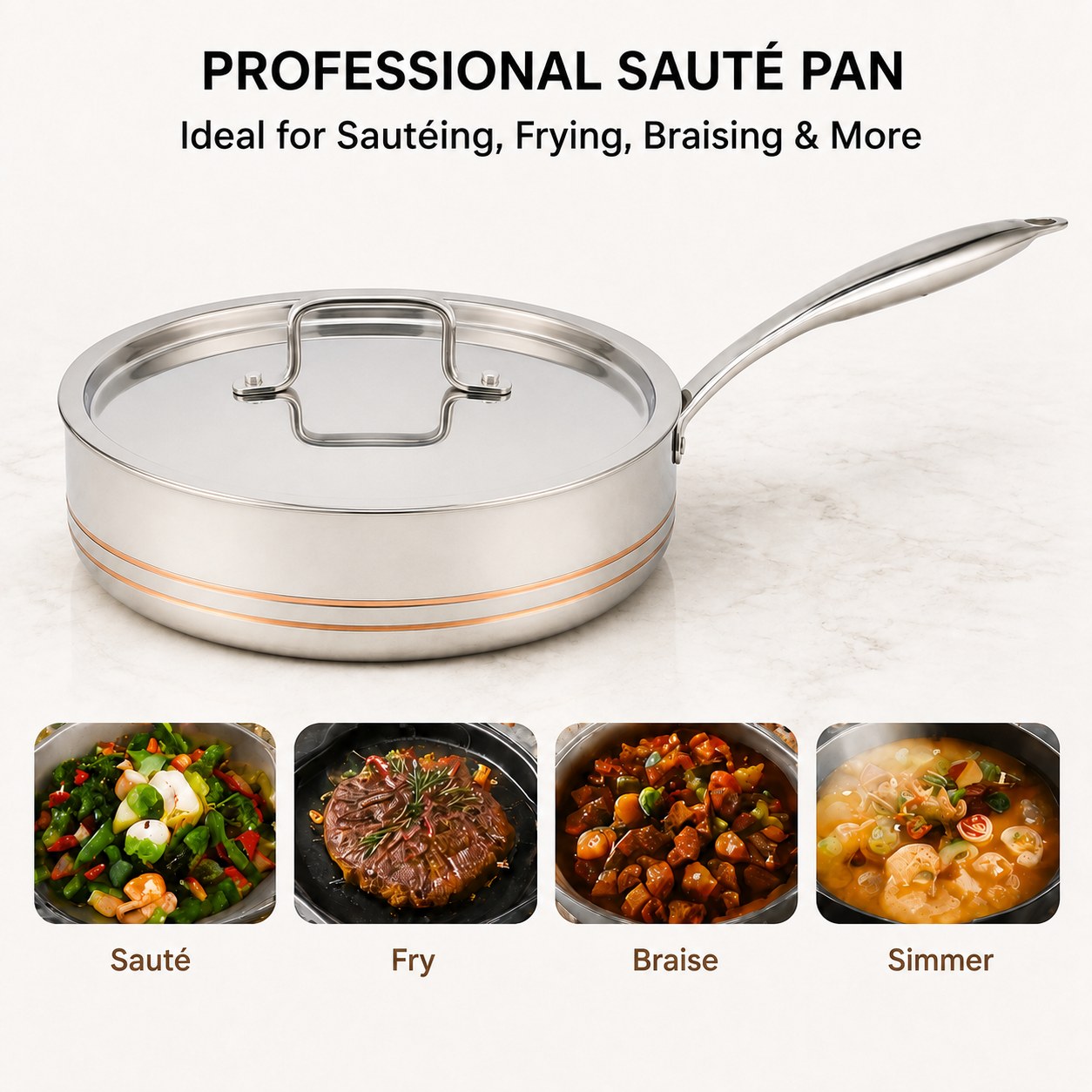 Fabrikversorgung Großhandel 5-lagige Kupfer-Bratpfanne Küche Kochen 5-lagige Kupfer-Bratpfanne mit Edelstahldeckel Feinlinien-Design
