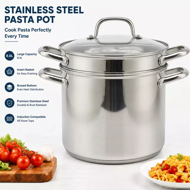 Factory Supply 8-Liter-Nudelkochtopf-Set aus Edelstahl mit 24-cm-Sieb für Nudeldampfgarer mit Glasdeckel, Multitopf