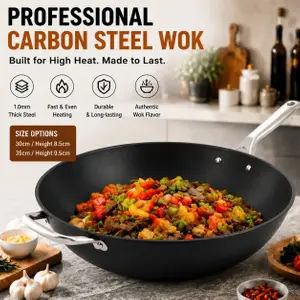 Fabrikneues Design, gewürzter Karbonstahl, 30/35 cm, Wok-Pfanne, natürlich antihaftbeschichtet, Pfannen, Bratpfannen, kompatibel mit Induktion